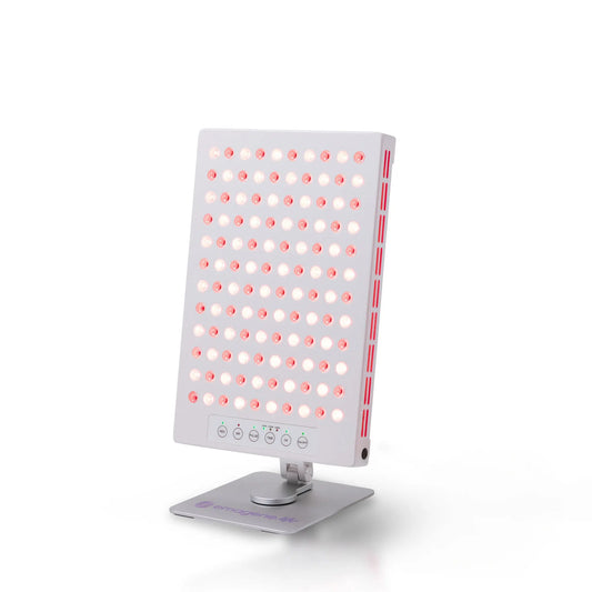 Emagene Life red light therapy panel with LED lights on adjustable stand, white background