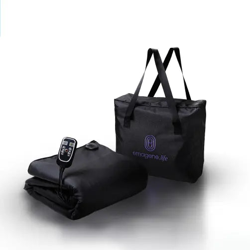 Black folded blanket with remote control and black tote bag on a white background