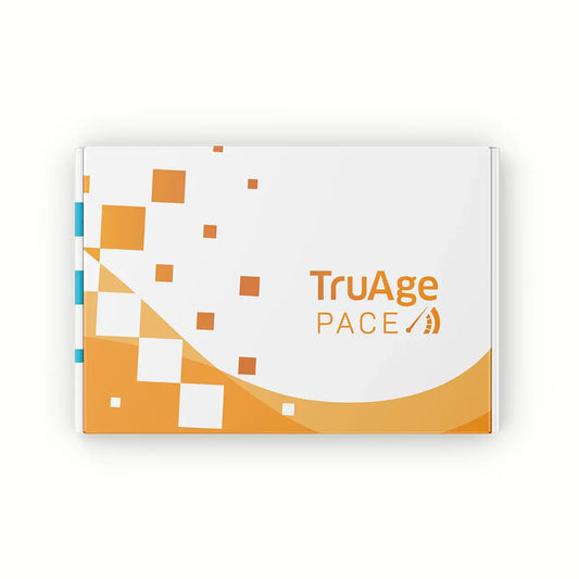 TruAge PACE test kit box with orange geometric design, Emagene Life functional medicine