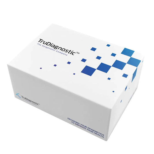 TruDiagnostic test kit box with blue squares, epigenetic health product from Emagene Life