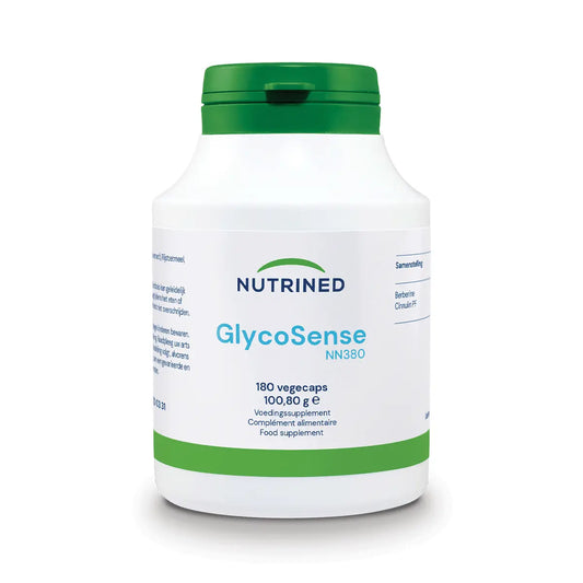 NUTRINED GlycoSense NN380 supplement bottle with green cap, 180 vegecaps, product on white background