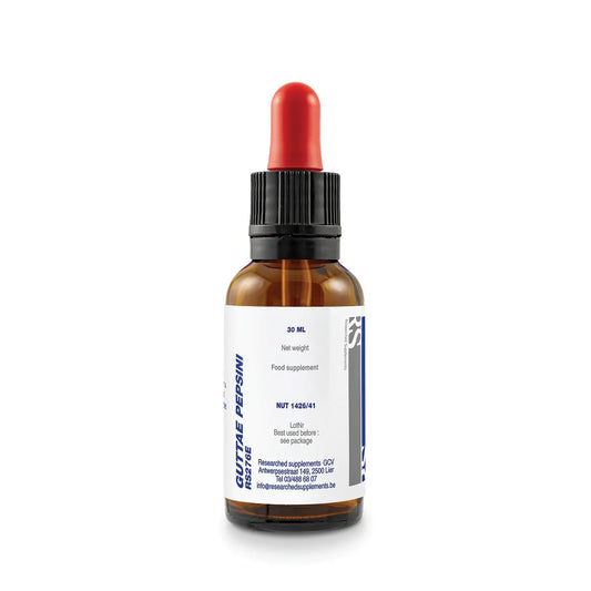 Brown glass dropper bottle labeled GUTTAE PEPSINI food supplement, 30 ml, on white background
