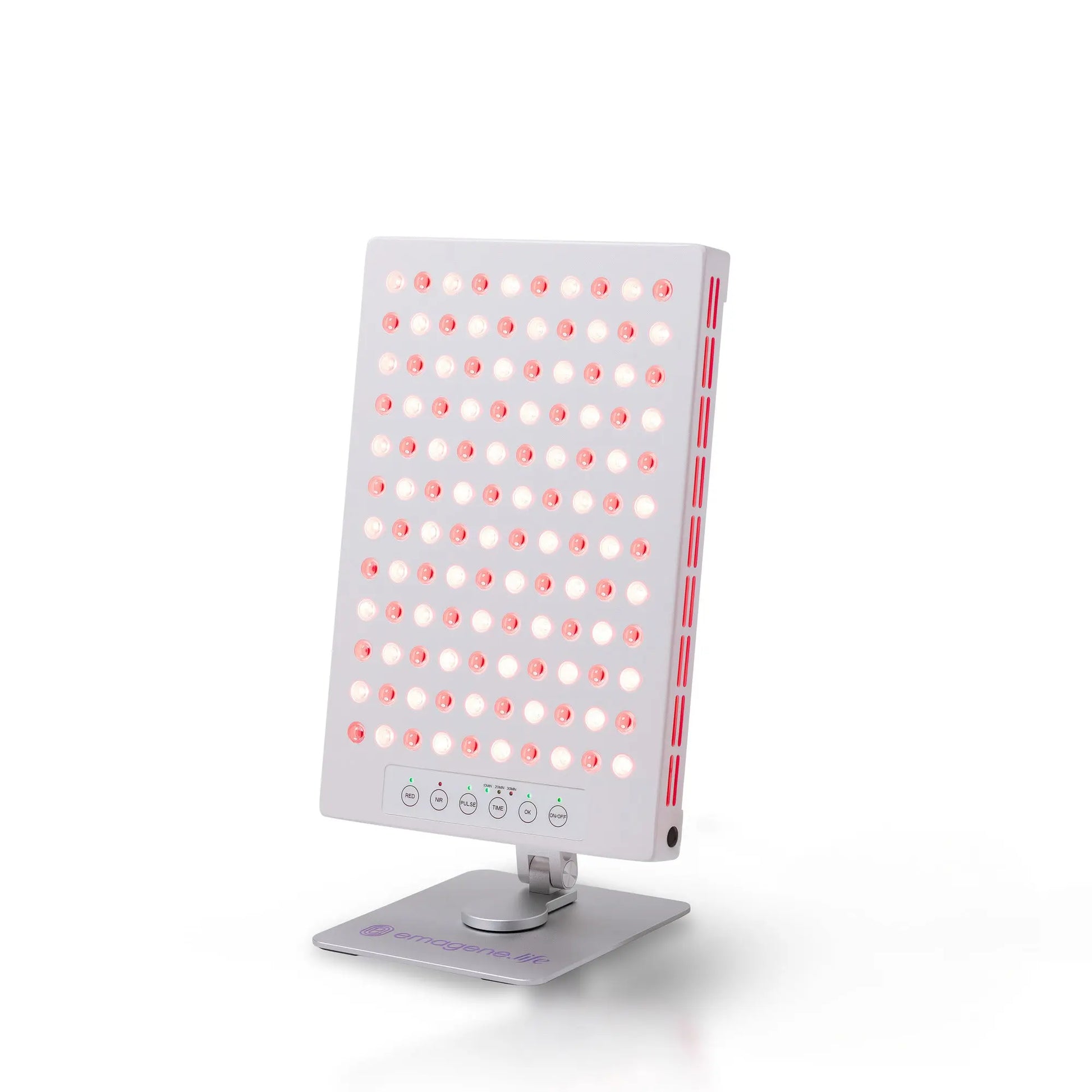 Emagene Life red light therapy panel with LED lights on adjustable stand, white background