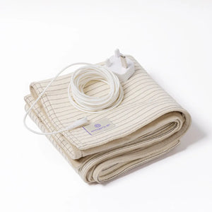 Emagene Life striped electric heating pad with plug and cord, folded on white background