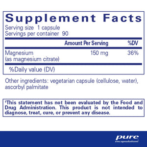 Magnesium citrate supplement facts label, Pure Encapsulations, 90 capsules, Emagene Life