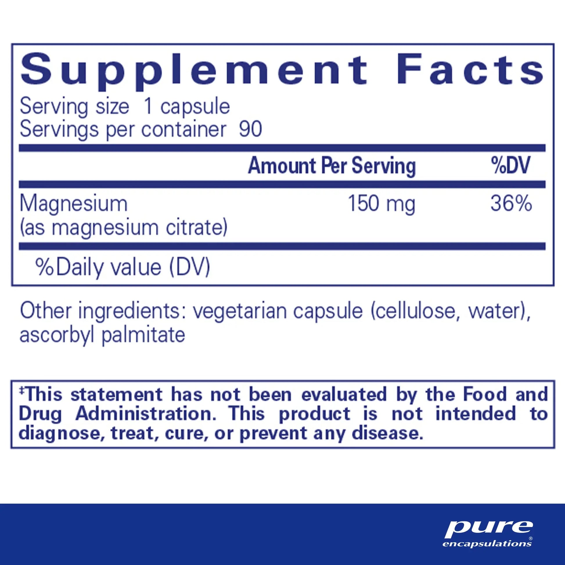 Magnesium citrate supplement facts label, Pure Encapsulations, 90 capsules, Emagene Life