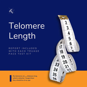 Telomere length report graphic with a white measuring tape, Emagene Life functional medicine Malaysia.