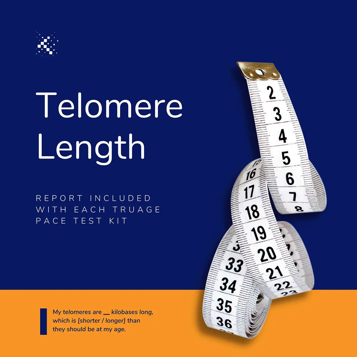 Telomere length report graphic with a white measuring tape, Emagene Life functional medicine Malaysia.