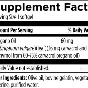 Supplement facts label for oregano oil softgel, listing ingredients and dosage details.