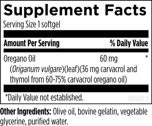 Supplement facts label for oregano oil softgel, listing ingredients and dosage details.