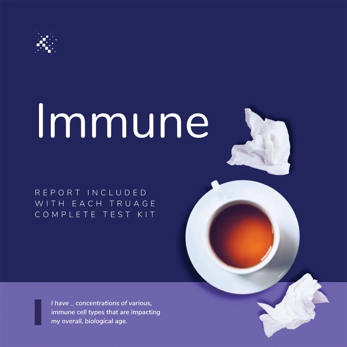 Immune health test kit concept with a cup of tea and tissues, Emagene Life Malaysia functional medicine.