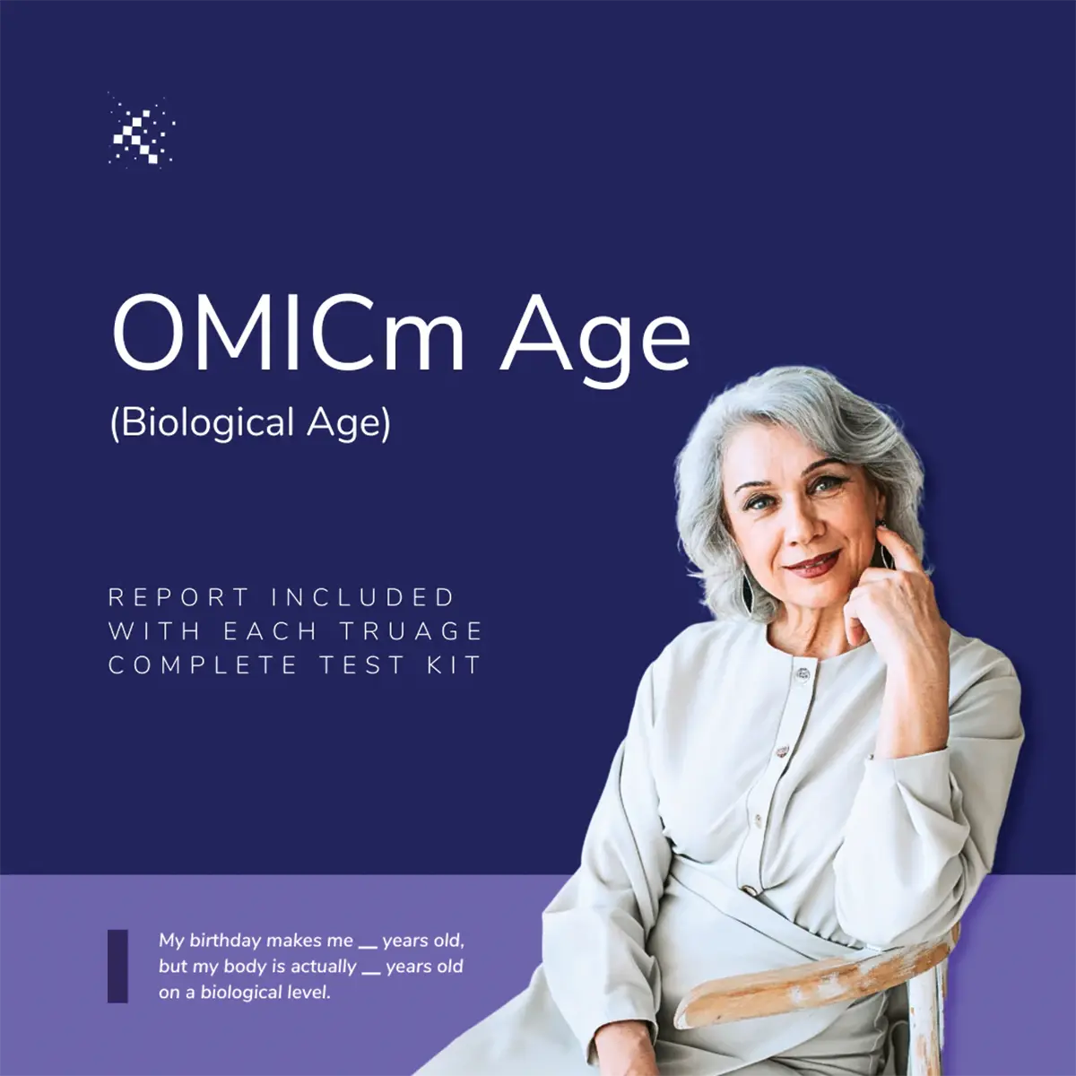 Elegant older woman sitting, promoting Emagene Life OMICm Age biological age test kit in Malaysia