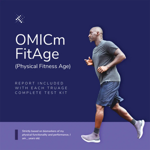 Active man jogging, OMICm FitAge physical fitness age test kit promotional graphic, Emagene Life Malaysia