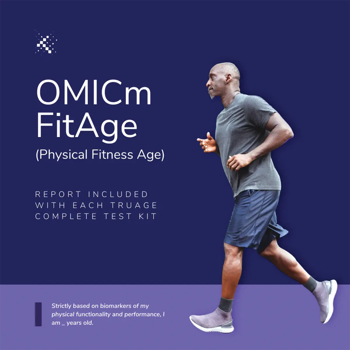 Active man jogging, OMICm FitAge physical fitness age test kit promotional graphic, Emagene Life Malaysia