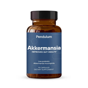 Pendulum Akkermansia probiotic supplement bottle for gut health, 90 capsules, on white background.