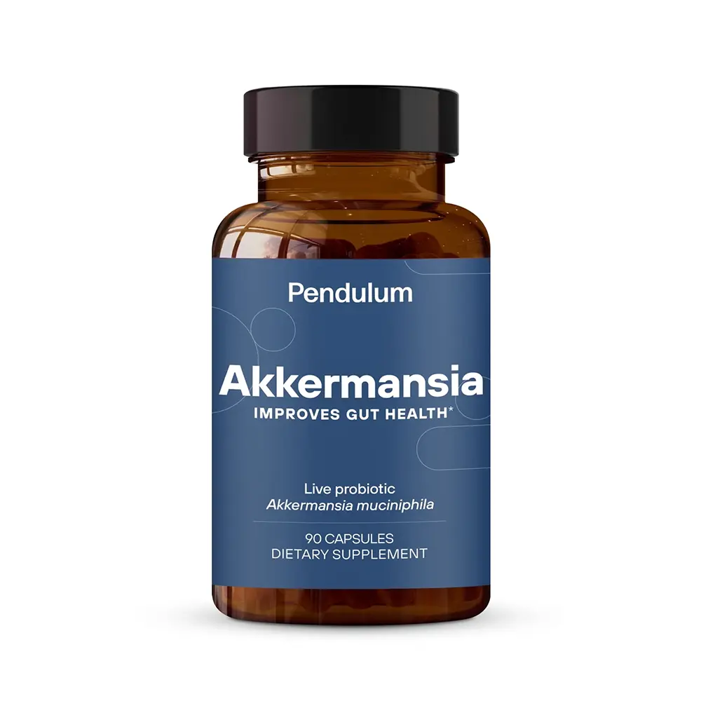 Pendulum Akkermansia probiotic supplement bottle for gut health, 90 capsules, on white background.