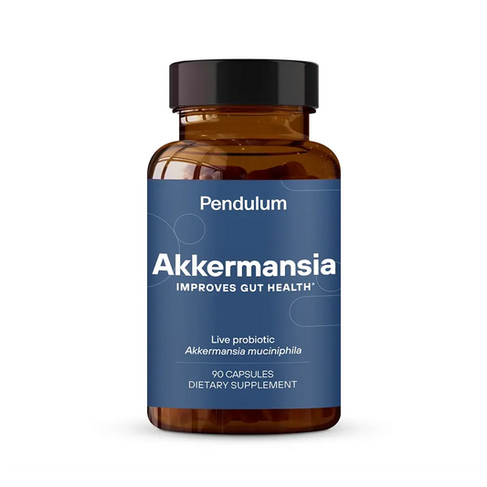 Pendulum Akkermansia probiotic supplement bottle for gut health, 90 capsules, on white background.
