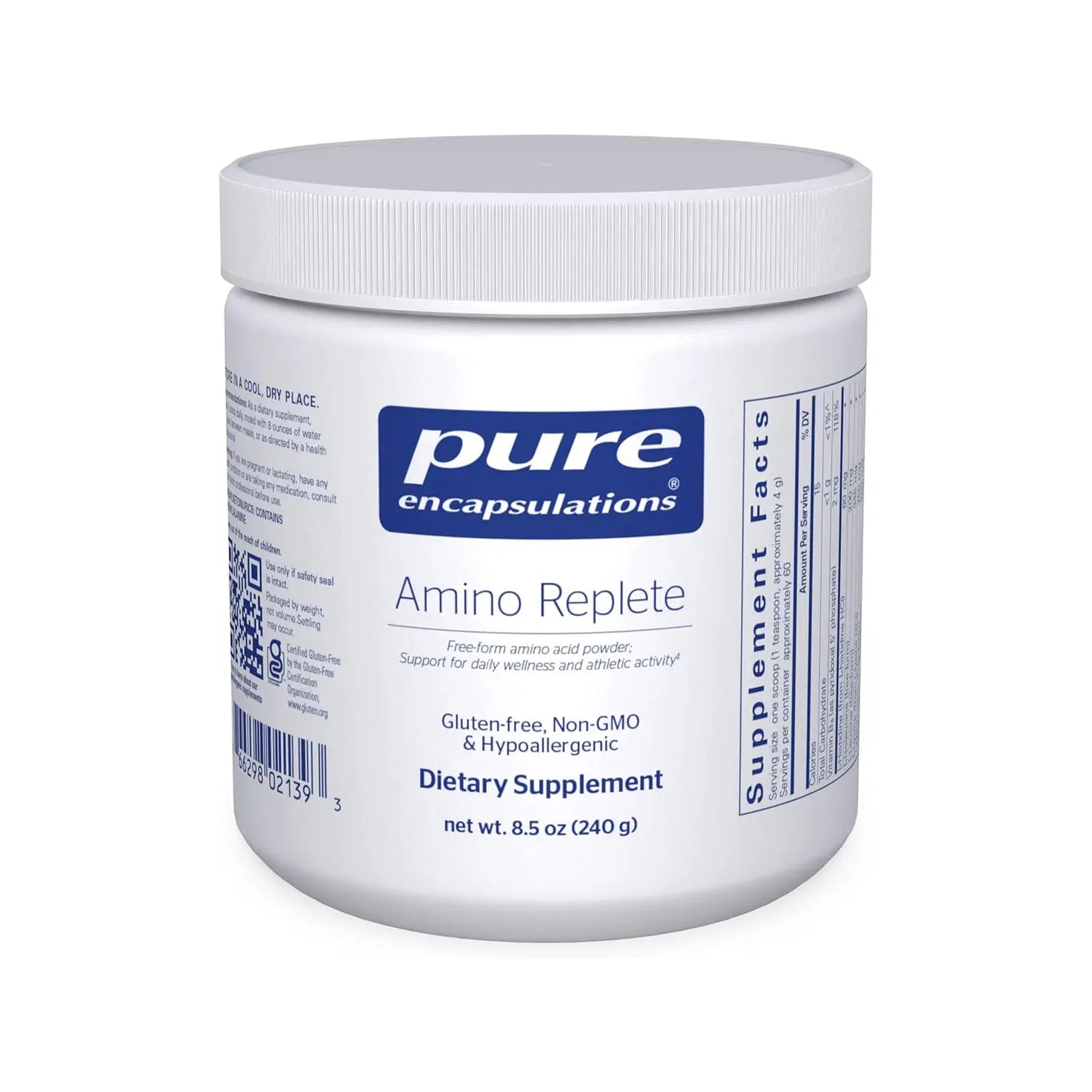 Pure Encapsulations Amino Replete dietary supplement container, gluten-free, non-GMO, 240g