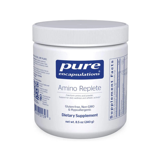 Pure Encapsulations Amino Replete dietary supplement container, gluten-free, non-GMO, 240g