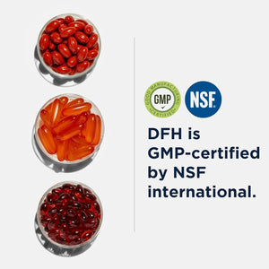Three bowls of red and orange supplement capsules, DFH GMP-certified by NSF international