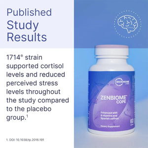 Zenbiome Cope supplement bottle by Microbiome Labs for stress support with study results shown