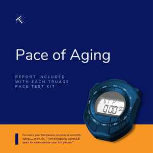 Pace of Aging product promo for Emagene Life, featuring TruAge test kit and digital stopwatch.