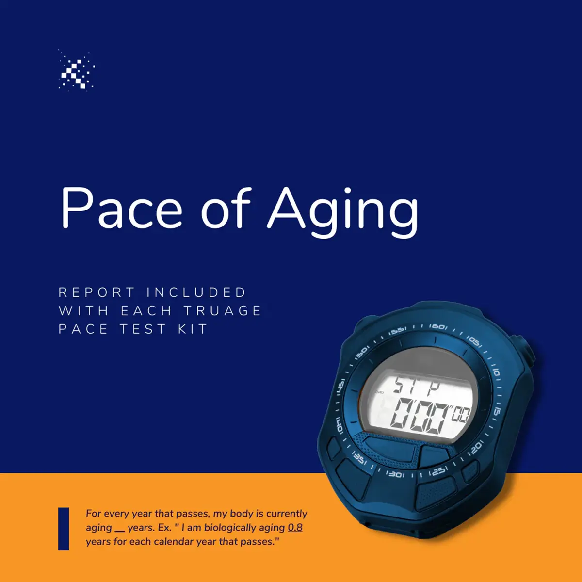 Pace of Aging product promo for Emagene Life, featuring TruAge test kit and digital stopwatch.