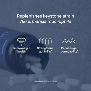 Open supplement bottle with capsules, highlights gut health benefits and Akkermansia muciniphila.