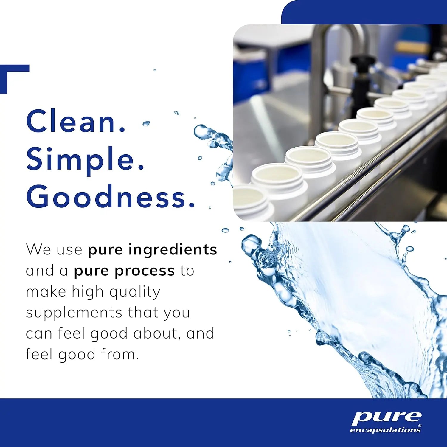Pure Encapsulations supplement bottles on factory line, promoting clean ingredients and quality process.