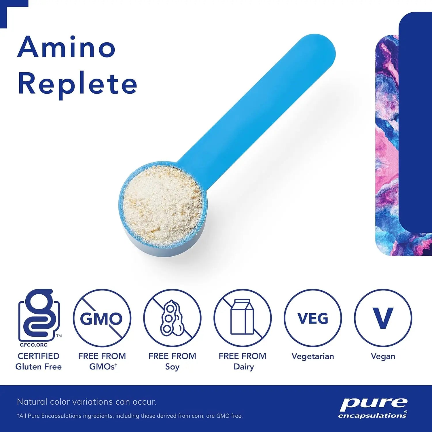 Amino Replete supplement powder in blue scoop, gluten free, non-GMO, soy free, dairy free, vegan.