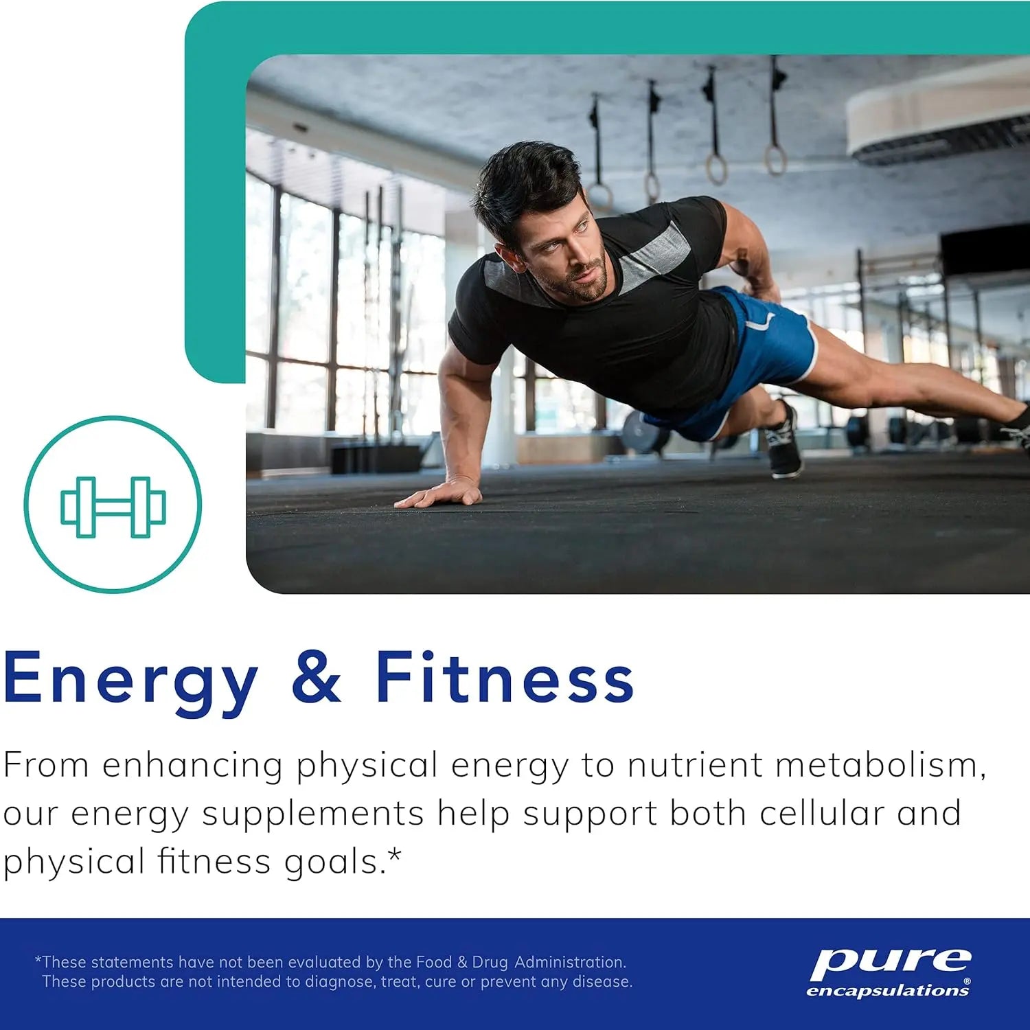 Man doing one-arm push-up in gym, promoting energy and fitness supplements by Pure Encapsulations.