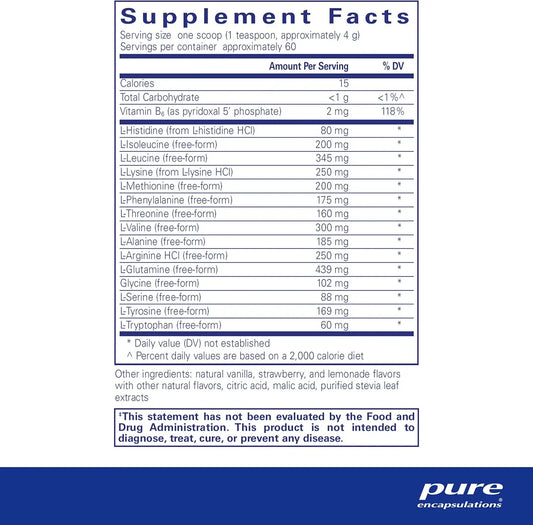 Pure Encapsulations supplement facts label featuring amino acid ingredients and nutrition details.