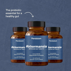 Pendulum Akkermansia probiotic supplement bottles for gut health on blue background