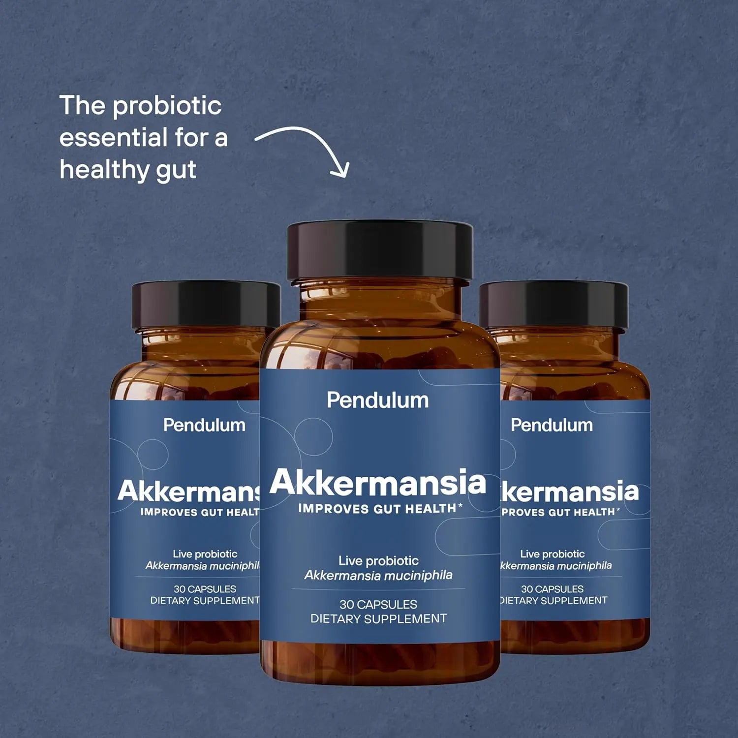 Pendulum Akkermansia probiotic supplement bottles for gut health on blue background