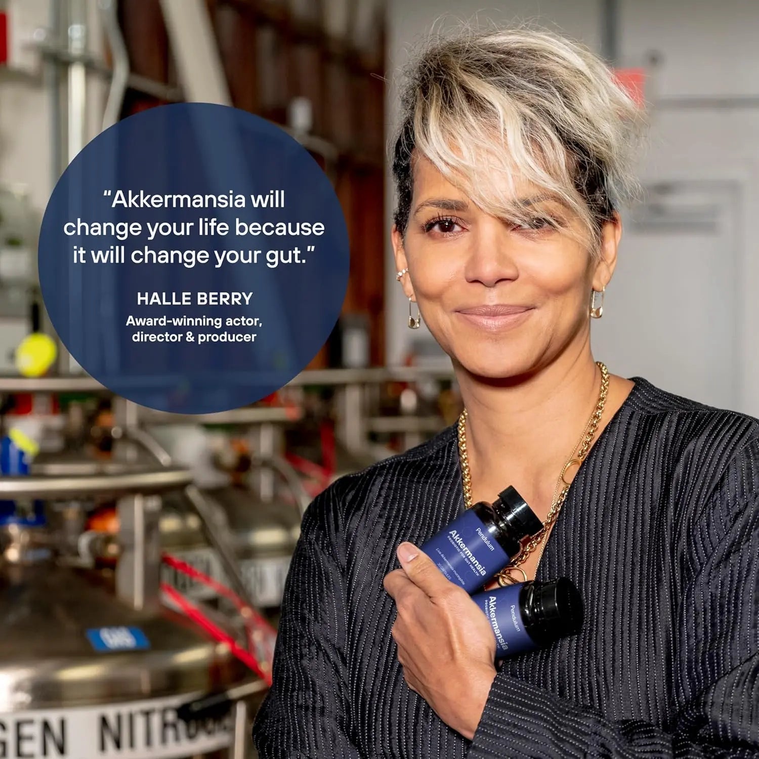 Woman with short blonde hair holds Akkermansia supplement bottles in lab setting, testimonial text visible.