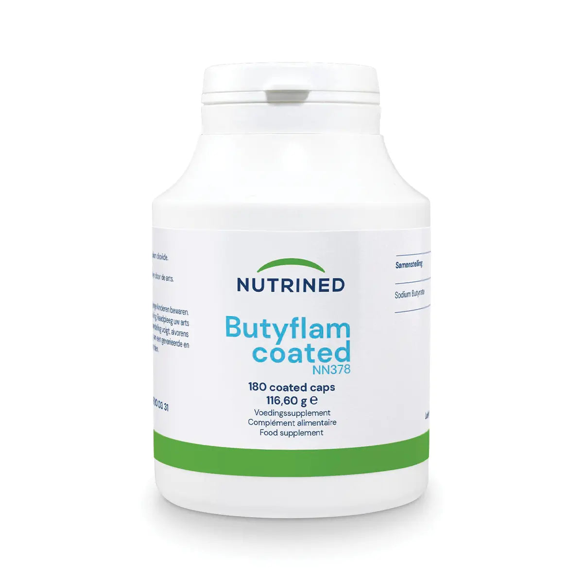 NUTRINED Butyflam coated food supplement bottle, 180 caps, on white background