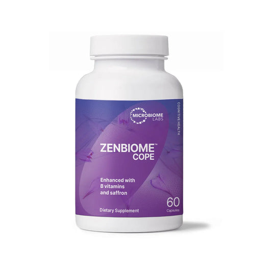 Zenbiome Cope cognitive health supplement bottle with purple label, 60 capsules, on white background