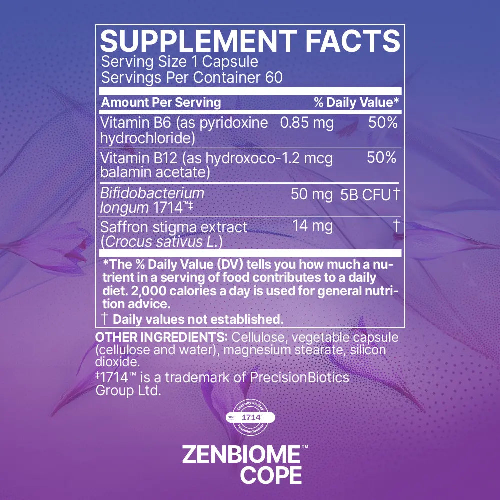 ZenBiome Cope supplement facts label with vitamins, probiotics, saffron extract on purple background