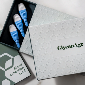 GlycanAge home blood test kit with blue lancets and blood collection card, Emagene Life Malaysia