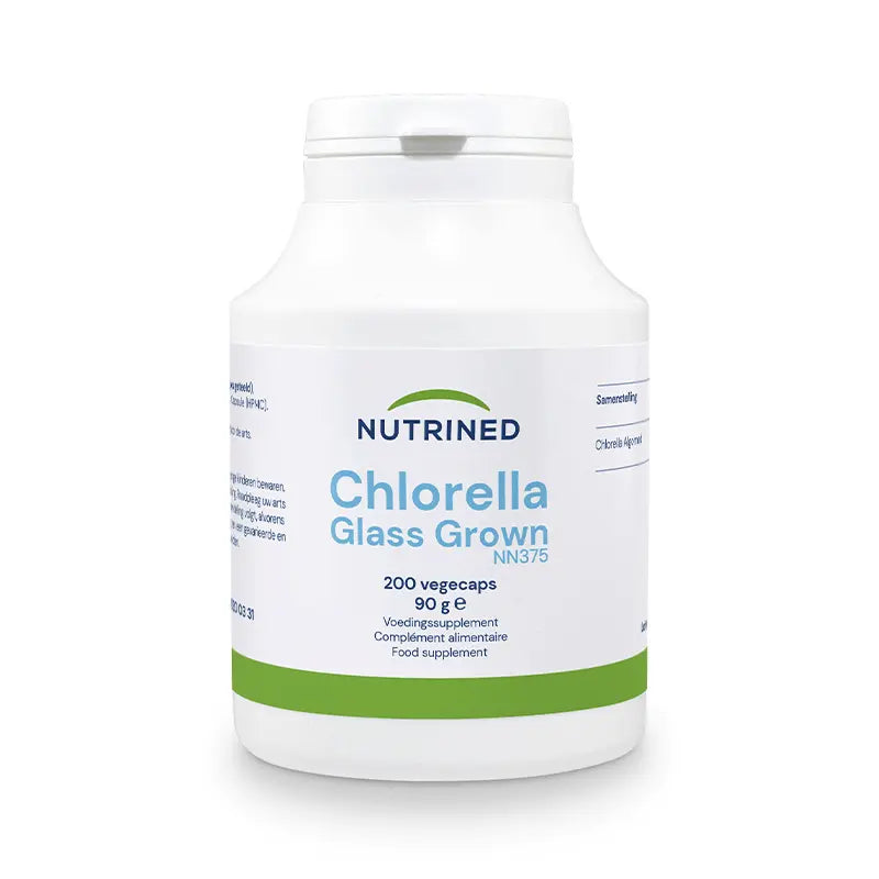 Nutrined Chlorella Glass Grown supplement bottle, 200 capsules, health product at Emagene Life