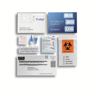 Emagene Life functional medicine blood collection kit with TruAge DNA test, gauze, lancets, biohazard bag, and instructions.