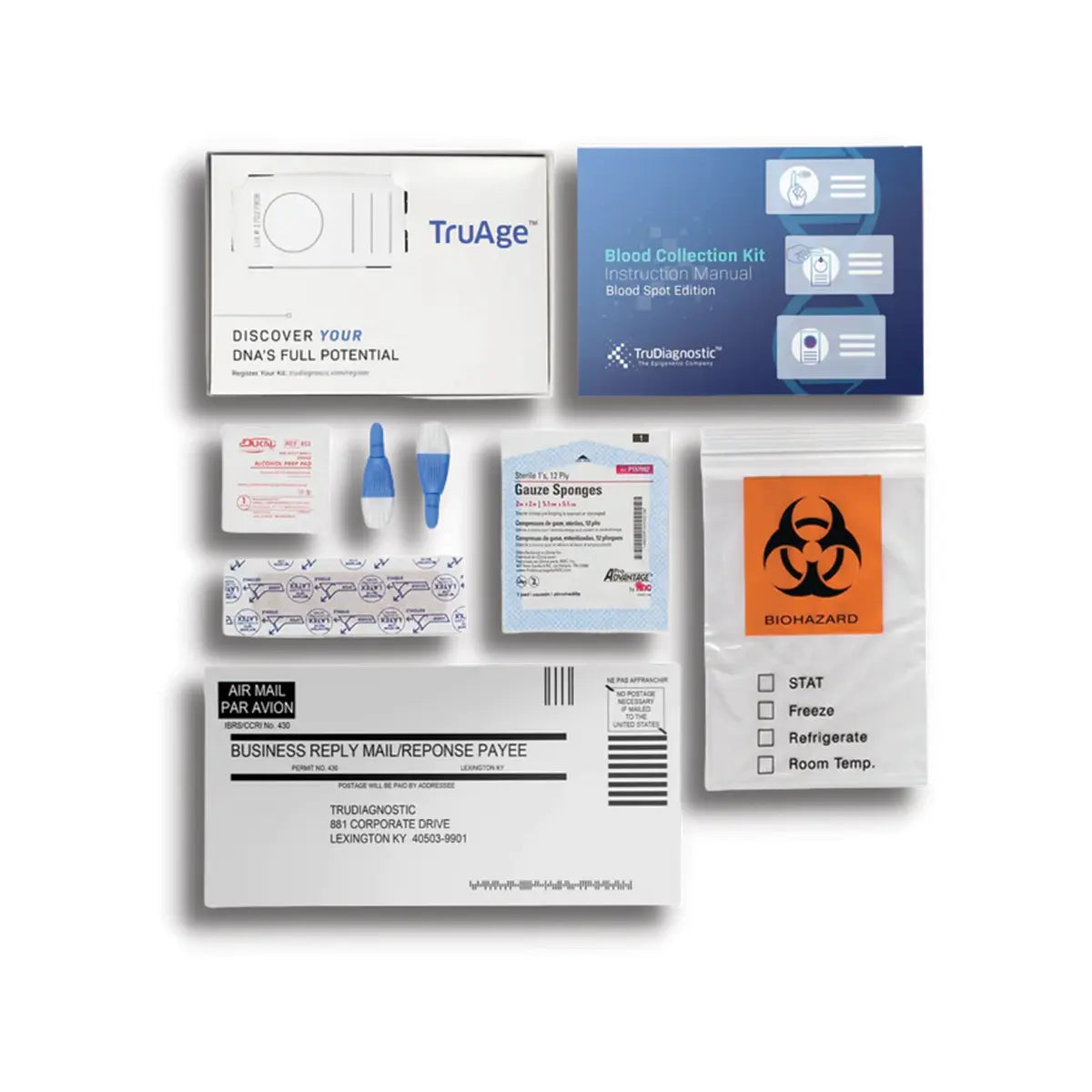 TruAge blood collection kit with DNA test components, biohazard bag, and instruction manual for Emagene Life Malaysia.