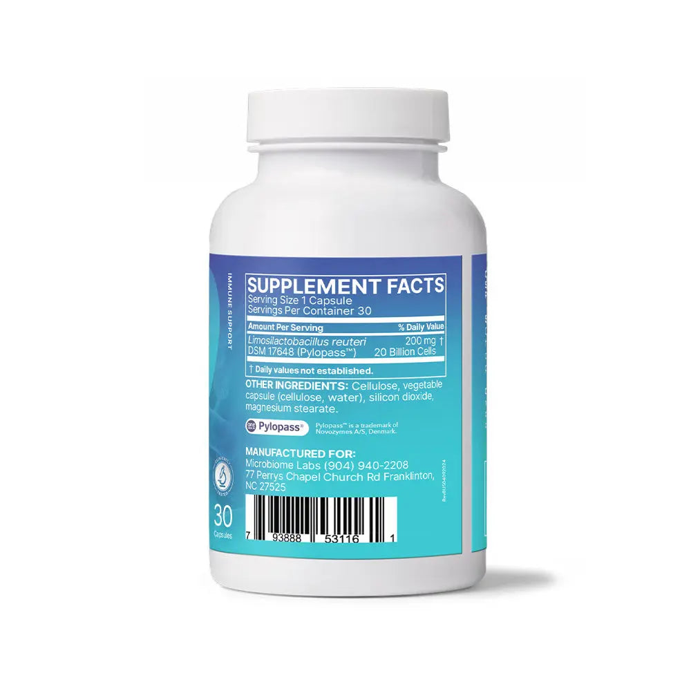 Back label of PyloGuard Immune Support supplement bottle with supplement facts and ingredients list