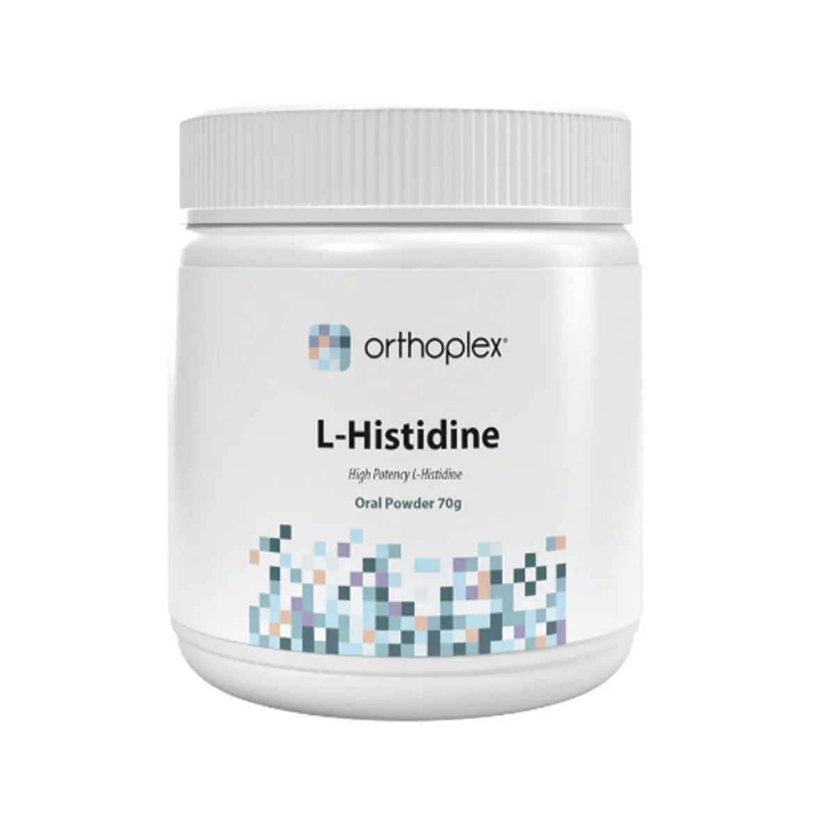 Orthoplex White L-Histidine 70g oral powder supplement container, white jar front label