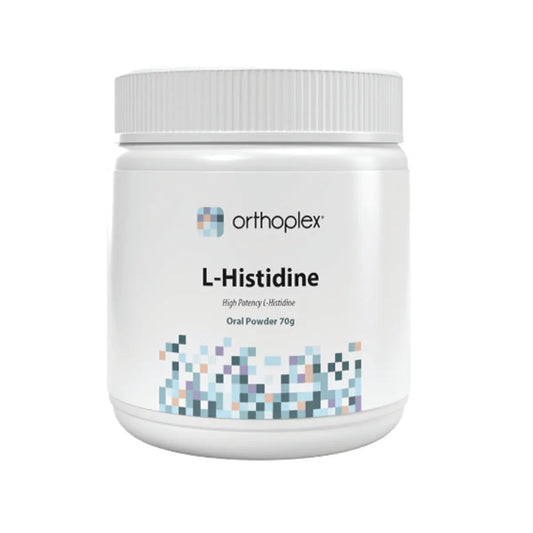 Orthoplex White L-Histidine 70g oral powder supplement container, white jar front label