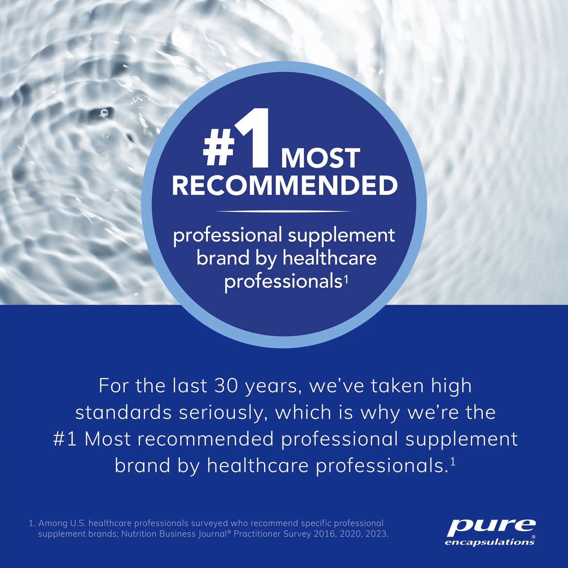 #1 most recommended professional supplement brand badge with Pure Encapsulations logo, healthcare industry endorsement