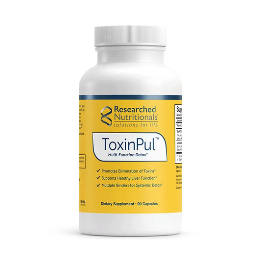 ToxinPul Multi-Function Detox supplement bottle by Researched Nutritionals, 90 capsules, yellow label.