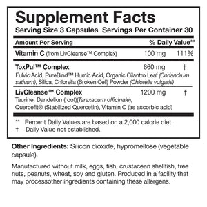 Supplement facts label for Emagene Life ToxPul capsules with ingredient details and nutrition values