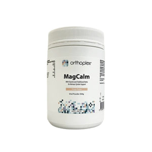 Orthoplex MagCalm supplement powder jar, orange flavour, for nervous system support, on white background