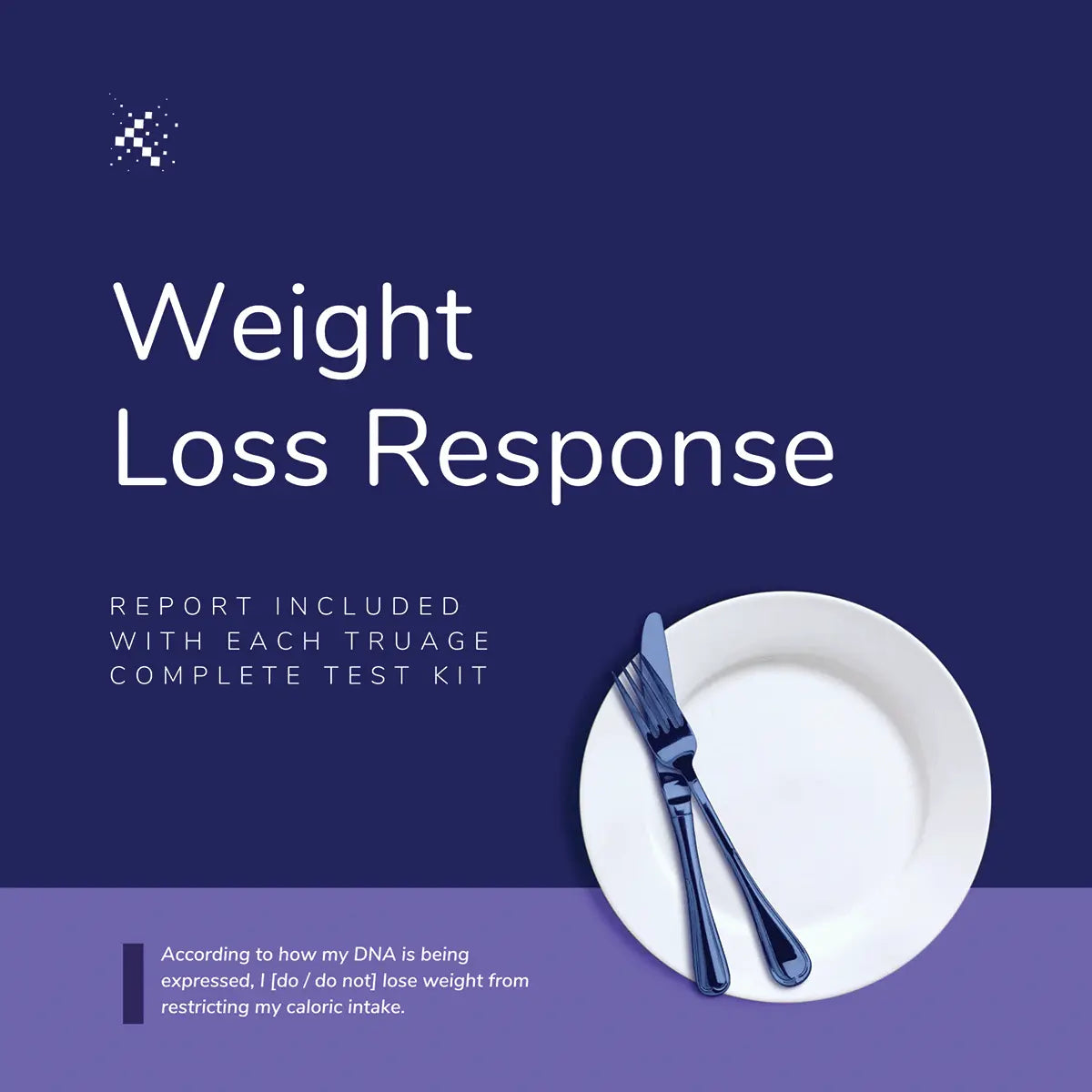 Emagene Life weight loss response graphic with empty plate, fork, and knife, DNA test kit mention.